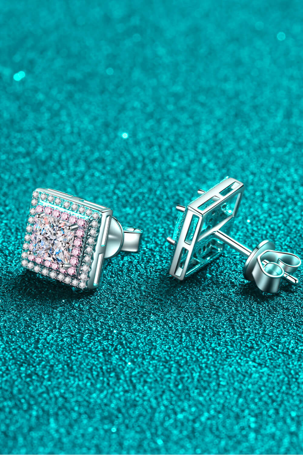 Prismatic square stud earrings with pink halo and 925 sterling silver backing.