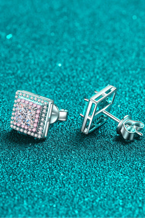 Prismatic square stud earrings with pink halo and 925 sterling silver backing.