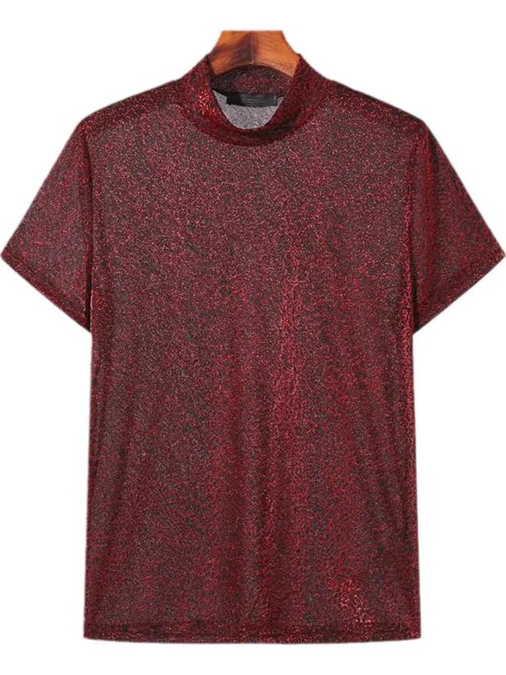 Burgundy textured velvet mock neck tee with short sleeves.