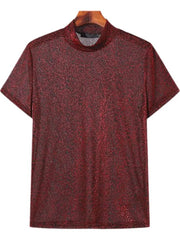 Burgundy textured velvet mock neck tee with short sleeves.