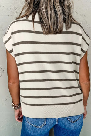 Striped knit cap-sleeve top with a rounded neckline and ribbed hem.