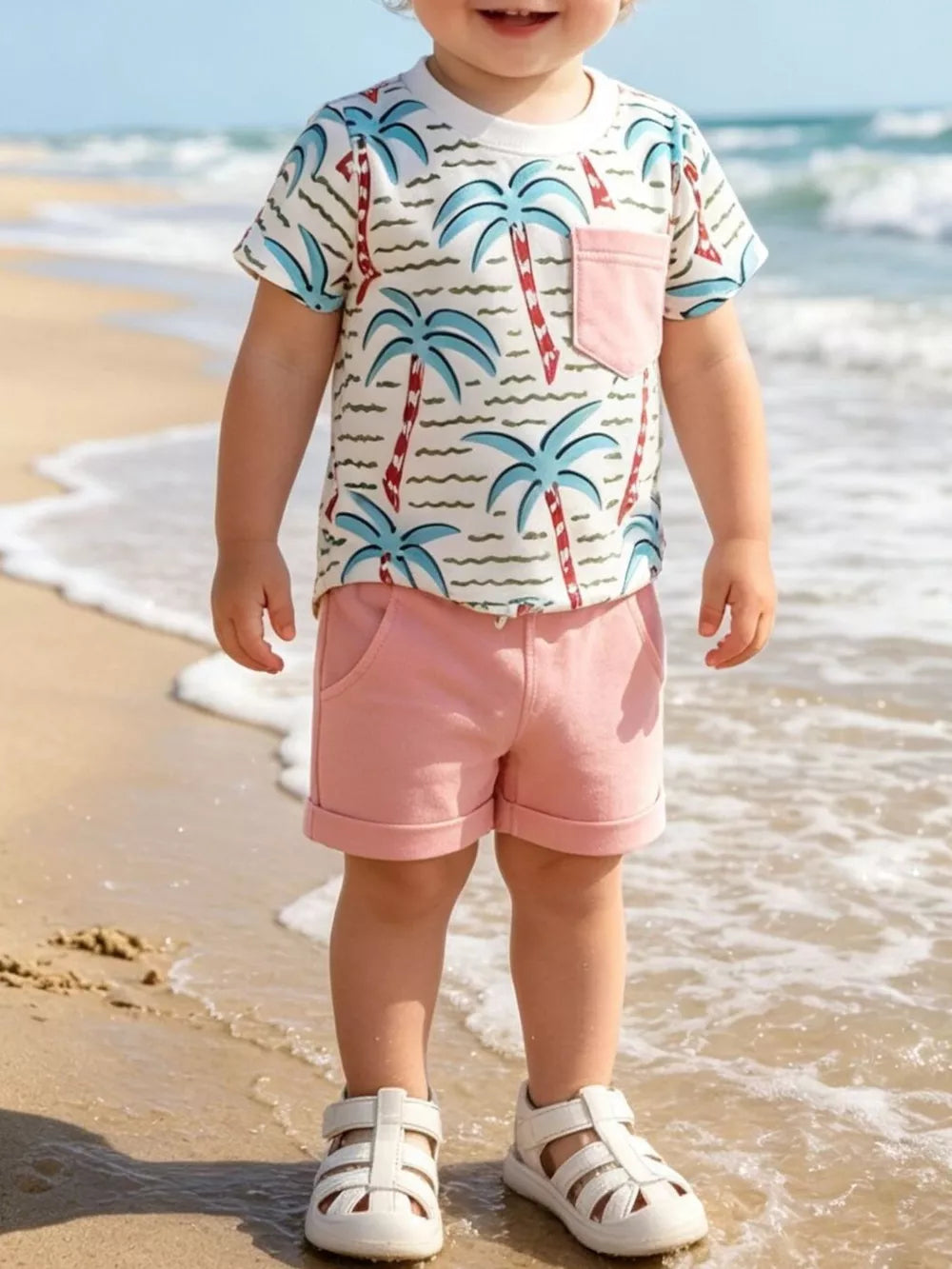 Children's Palm Tree Print T-shirt And Shorts Set in Caramel, front view