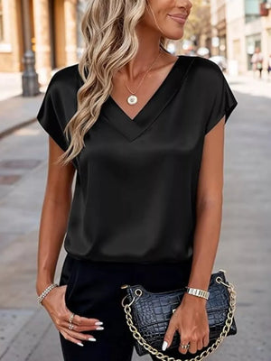 Black satin V-neck short sleeve maternity shirt with a relaxed fit.
