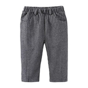 Baby boy's dark gray pinstripe pants with elastic waistband and pockets.