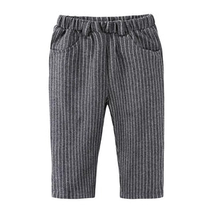 Baby boy's dark gray pinstripe pants with elastic waistband and pockets.
