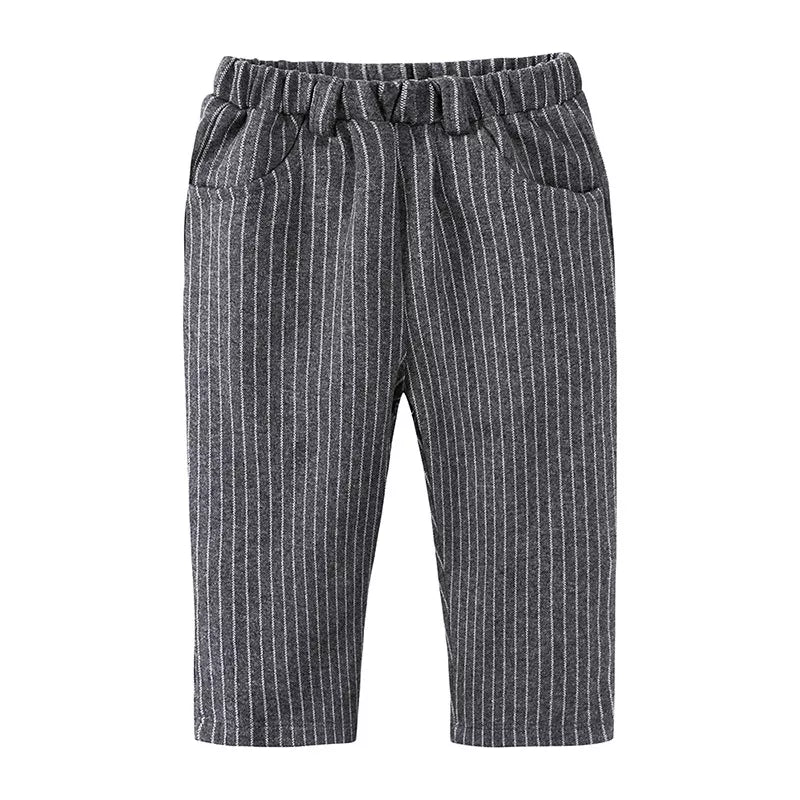 Baby boy's dark gray pinstripe pants with elastic waistband and pockets.