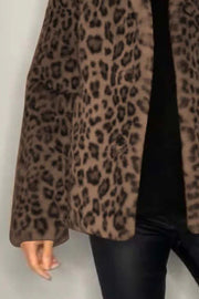 Brown leopard print faux fur collar coat with open front and long sleeves.