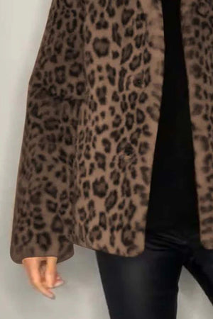 Brown leopard print faux fur collar coat with open front and long sleeves.
