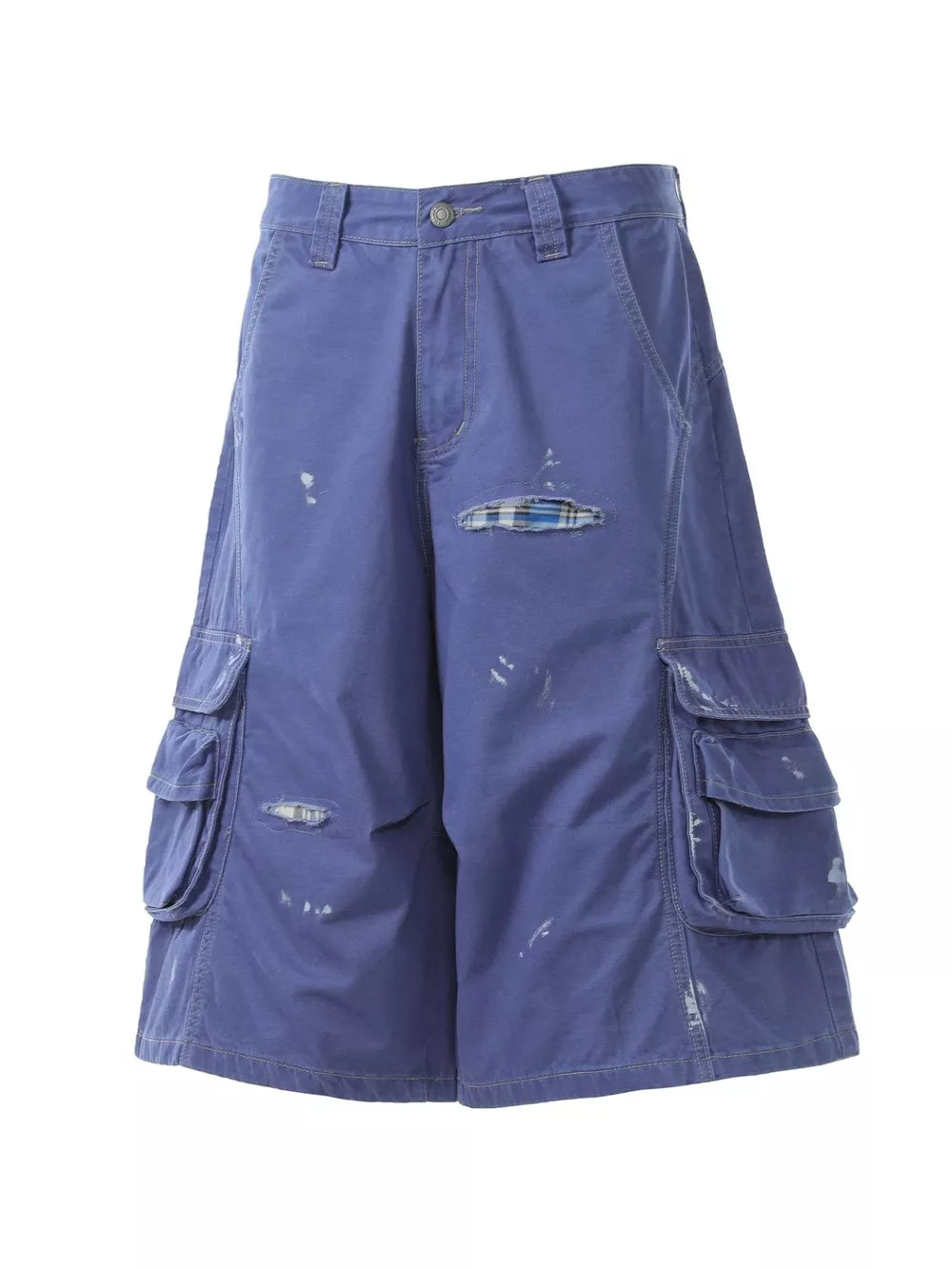 Blue distressed maternity cargo capris with pocket details and plaid patches.