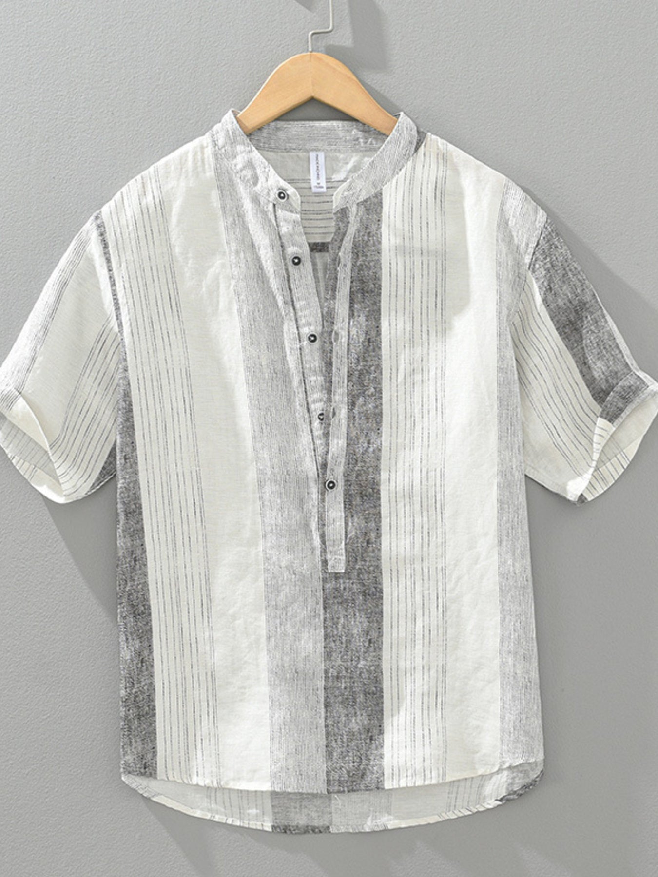 Color block striped cotton shirt with short sleeves and band collar.