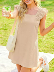 Apricot a-line dress with ruffled cap sleeves and square neckline