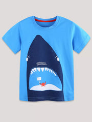 Blue cotton t-shirt with a shark graphic and a crab holding a HELP sign.