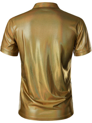 Gold collared polo shirt with textured finish and short sleeves.
