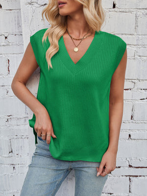 Green ribbed V-neck sweater vest in acrylic blend with a relaxed fit.