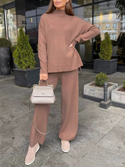 Relaxed fit knit co-ord set in Mocha, featuring a mock neck sweater and wide-leg pants.