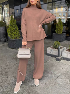 Relaxed fit knit co-ord set in Mocha, featuring a mock neck sweater and wide-leg pants.