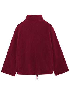 Burgundy sherpa stand-collar jacket with drawstring hem