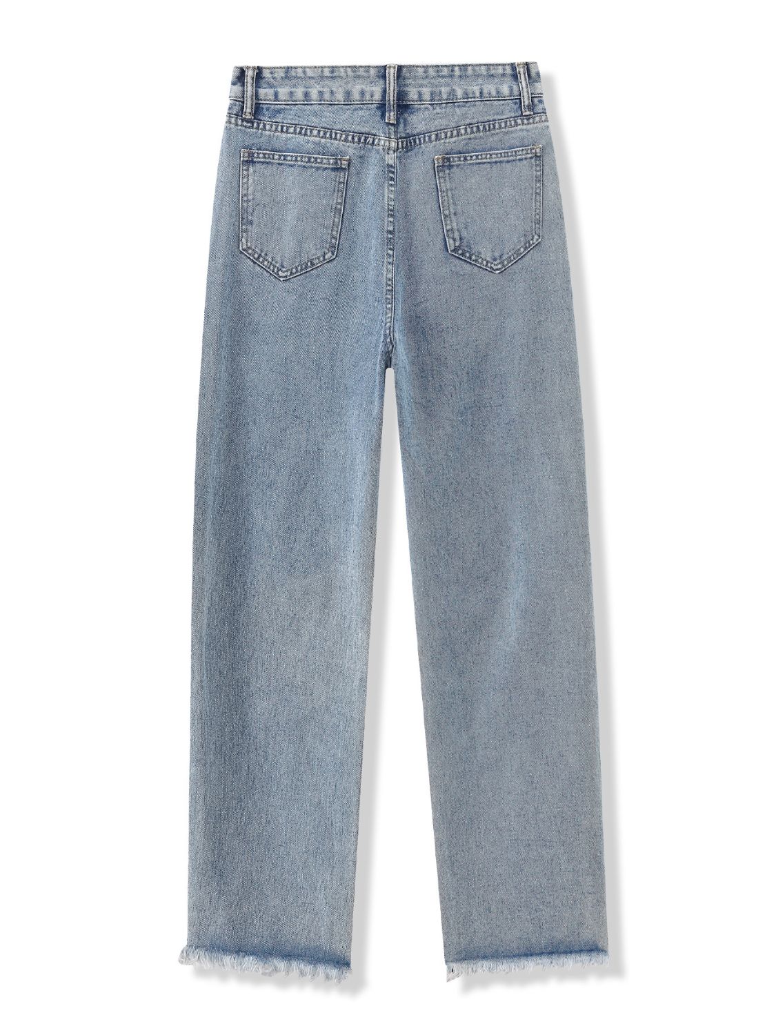Light wash denim jeans with frayed hem and distressed details.