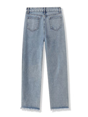 Light wash denim jeans with frayed hem and distressed details.