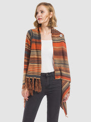 Asymmetric fringe stripe cardigan in ochre with a button closure and open front.