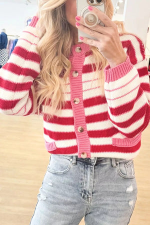 Stripe V Neck Long Sleeve Cardigan in Strawberry, back view