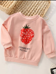 Kids' watermelon pink cotton sweatshirt with strawberry graphic and text.