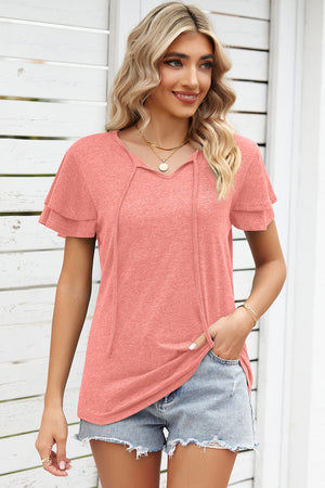 Flutter sleeve henley tee in watermelon pink with tie neck and layered sleeves.