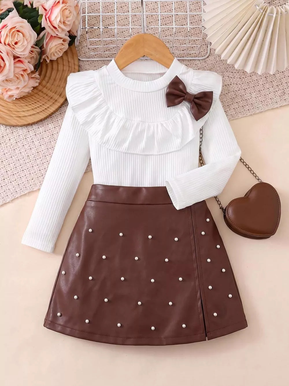 Children's Ruffled Long Sleeve Top And Skirt Set in White, front view