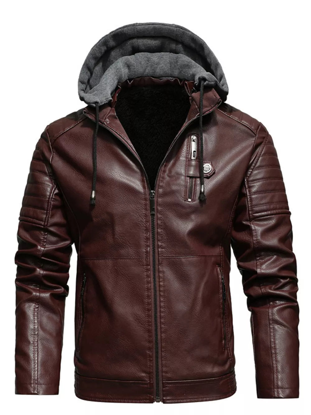 Brown faux-leather hooded jacket with zippered pockets and drawstring hood.
