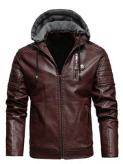 Brown faux-leather hooded jacket with zippered pockets and drawstring hood.