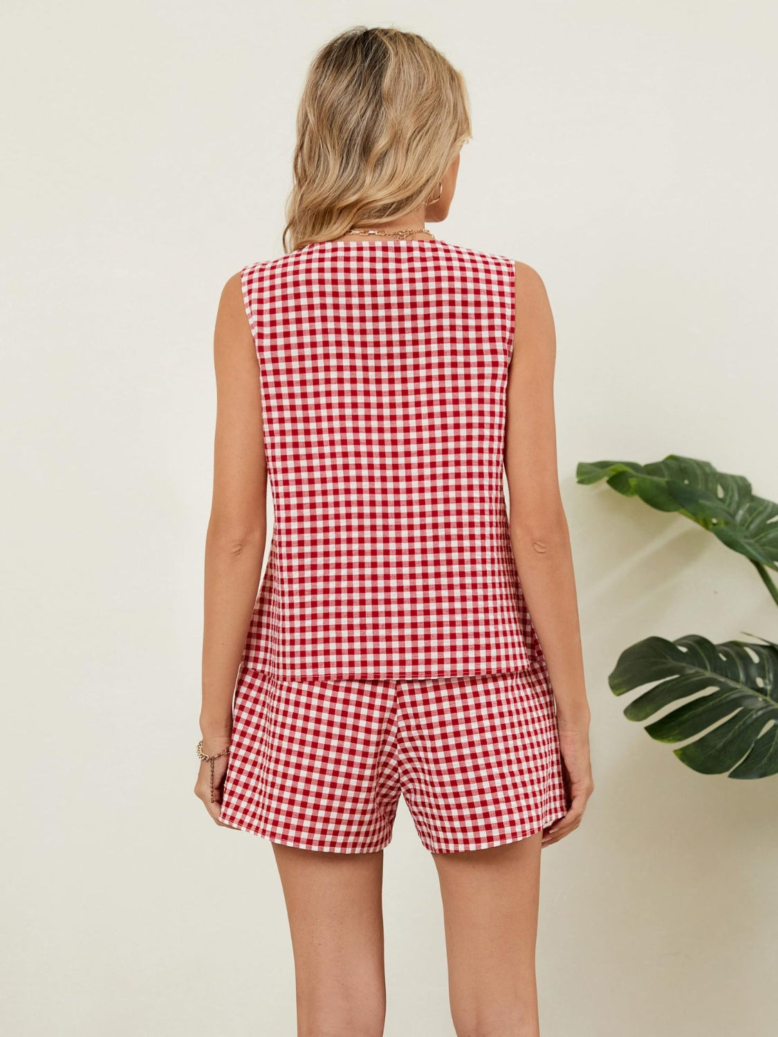 Deep Red gingham linen vest and shorts set with a buttoned front, shown from the back.