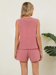 Deep Red gingham linen vest and shorts set with a buttoned front, shown from the back.