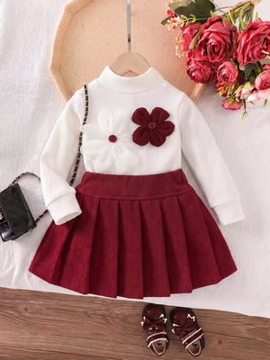 Children's Floral Applique Mock Neck Top And Pleated Skirt Set in White, front view