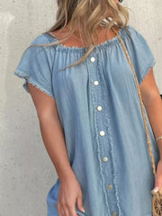 Light blue denim off-shoulder dress with frayed hem and button front