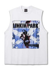 White cotton crew neck tank top with distressed Linkin Park graphic and Hybrid Theory text.