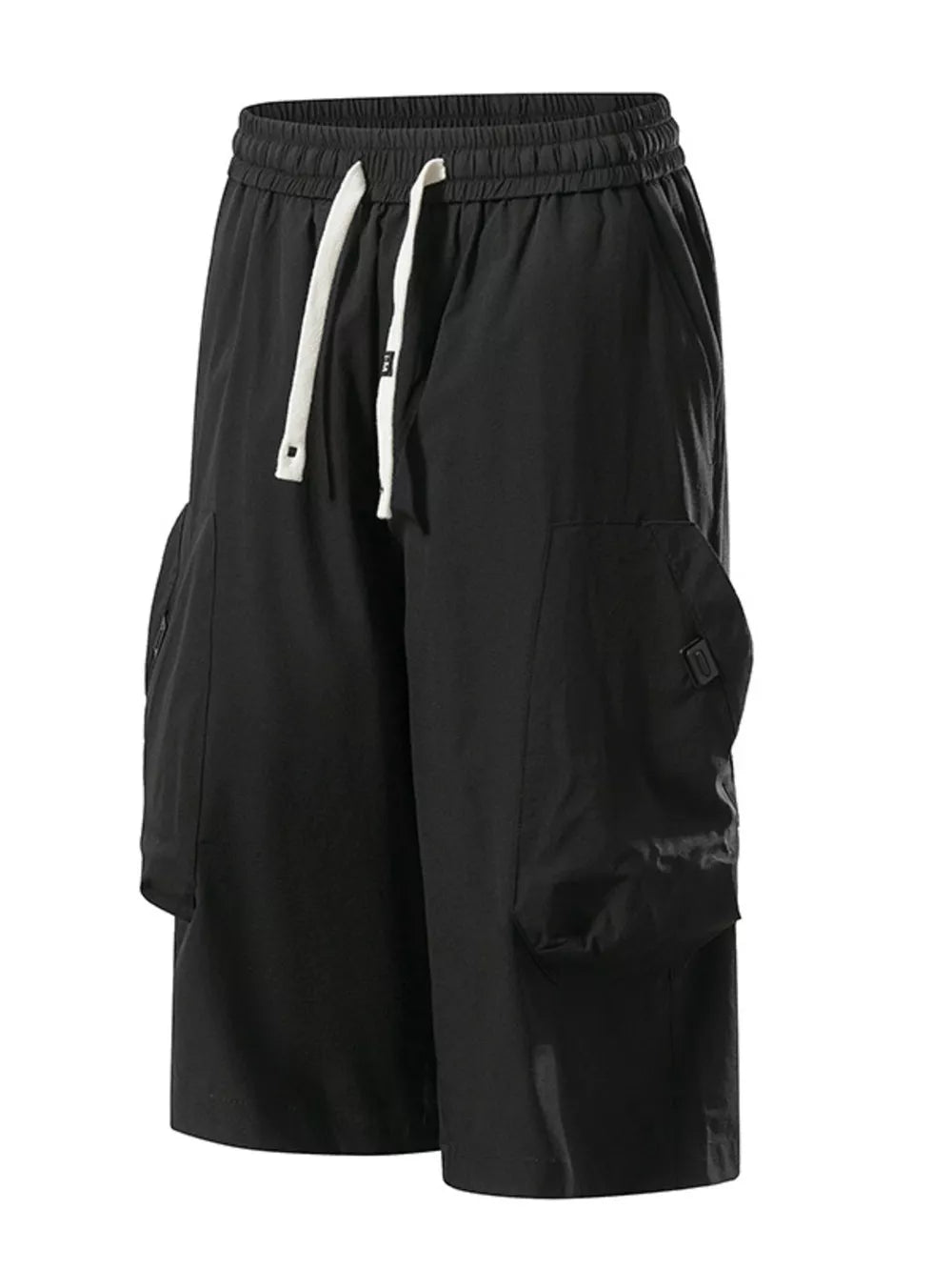 Black cargo capris with adjustable drawstring and large side pockets.