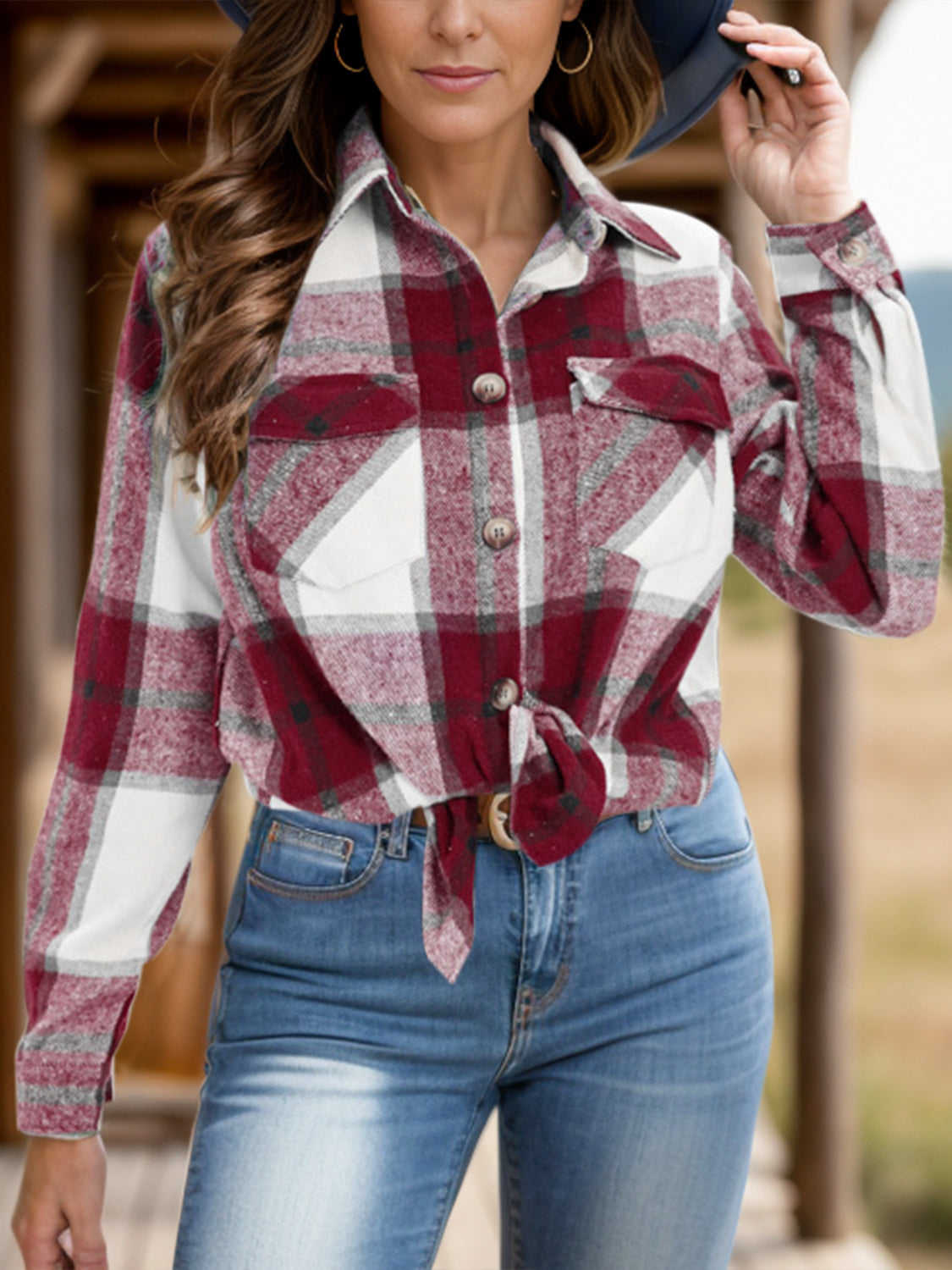 Burgundy plaid button-down overshirt with tie front and chest pockets.