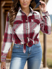 Burgundy plaid button-down overshirt with tie front and chest pockets.