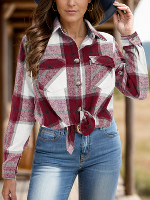 Burgundy plaid button-down overshirt with tie front and chest pockets.