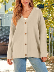 Oversized ribbed knit button-down cardigan in Dust Storm acrylic with V-neck and wooden buttons.