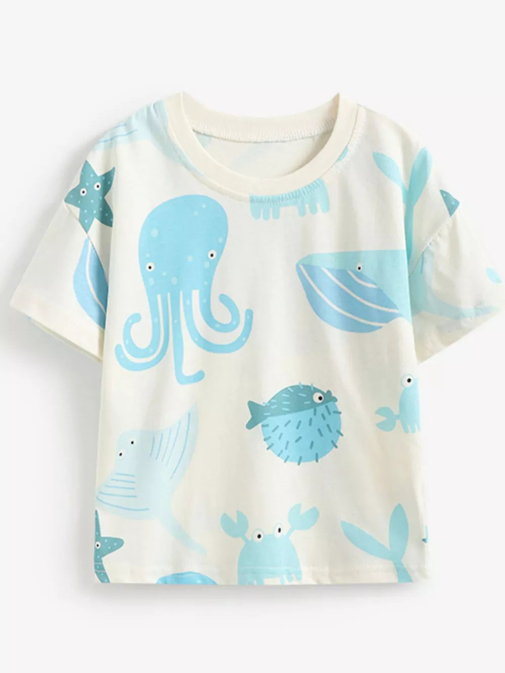 Baby t-shirt with allover blue ocean creatures graphic, crew neck, short sleeves, cotton.