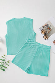 Ribbed Henley Tank & Drawstring Short Set in Tiffany Blue, sleeveless top with button detail, elastic waist shorts.