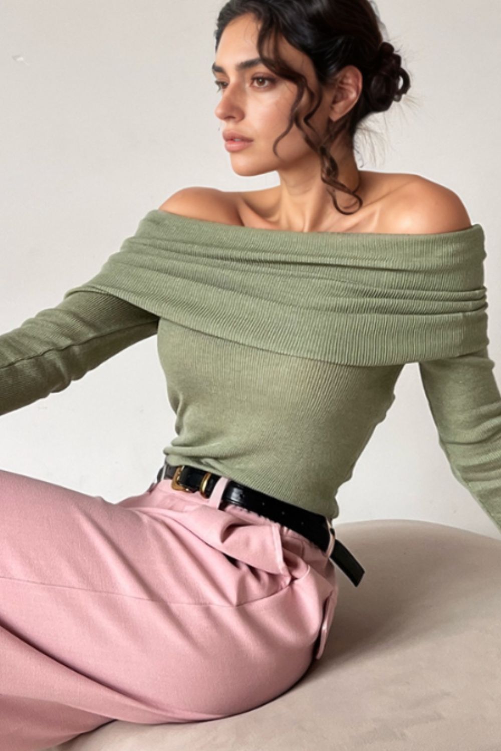 Sage ribbed knit off-the-shoulder long sleeve top with draped neckline