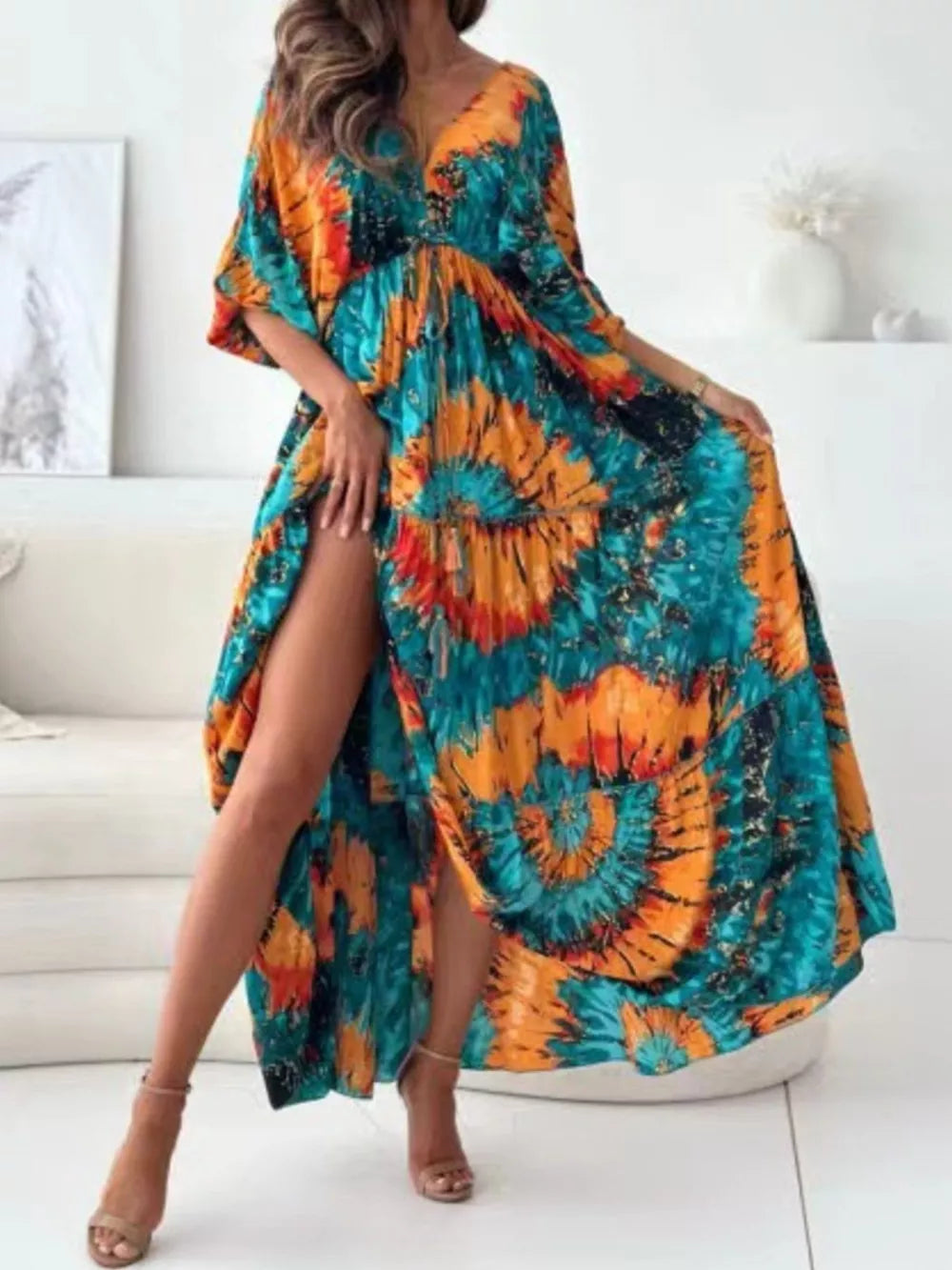 Printed V-neck Balloon Sleeve Maxi Dress in Black, view 11