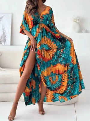 Printed V-neck Balloon Sleeve Maxi Dress in Black, view 11