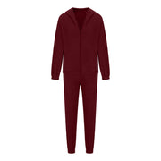 Burgundy fleece hoodie with zipper and pockets, paired with matching jogger pants.