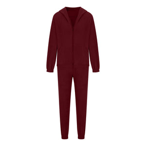 Burgundy fleece hoodie with zipper and pockets, paired with matching jogger pants.