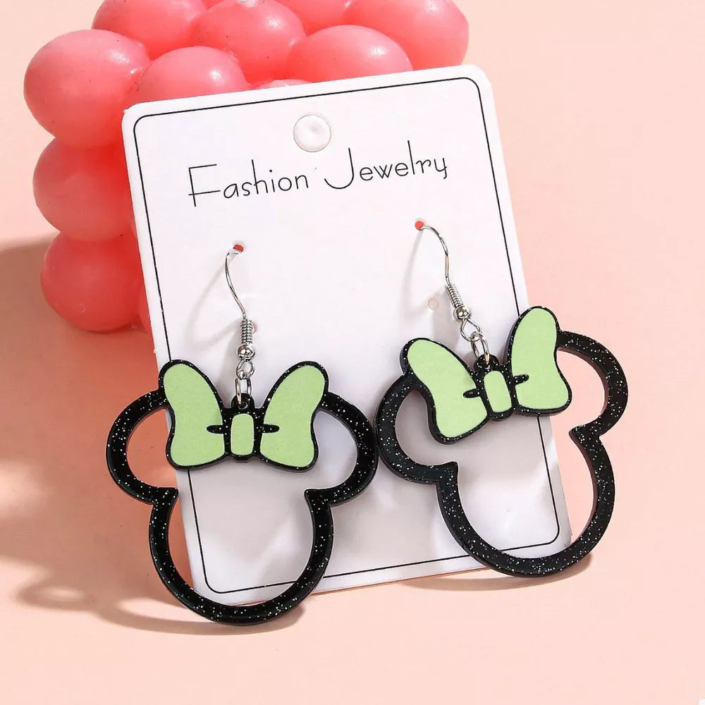 Mickey Mouse inspired bow drop earrings in lime green and black glitter acrylic.