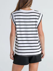 Padded shoulder tank top with black and white Breton stripes and a crew neck.
