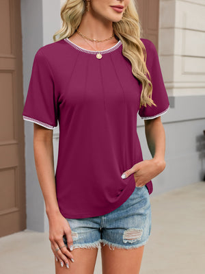 Purple t-shirt with contrast trim neckline and sleeves, short sleeves, crew neck